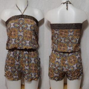 Aztec Print Halter Tie-Up Romper Playsuit Small Sequins Accent Pockets Summer
